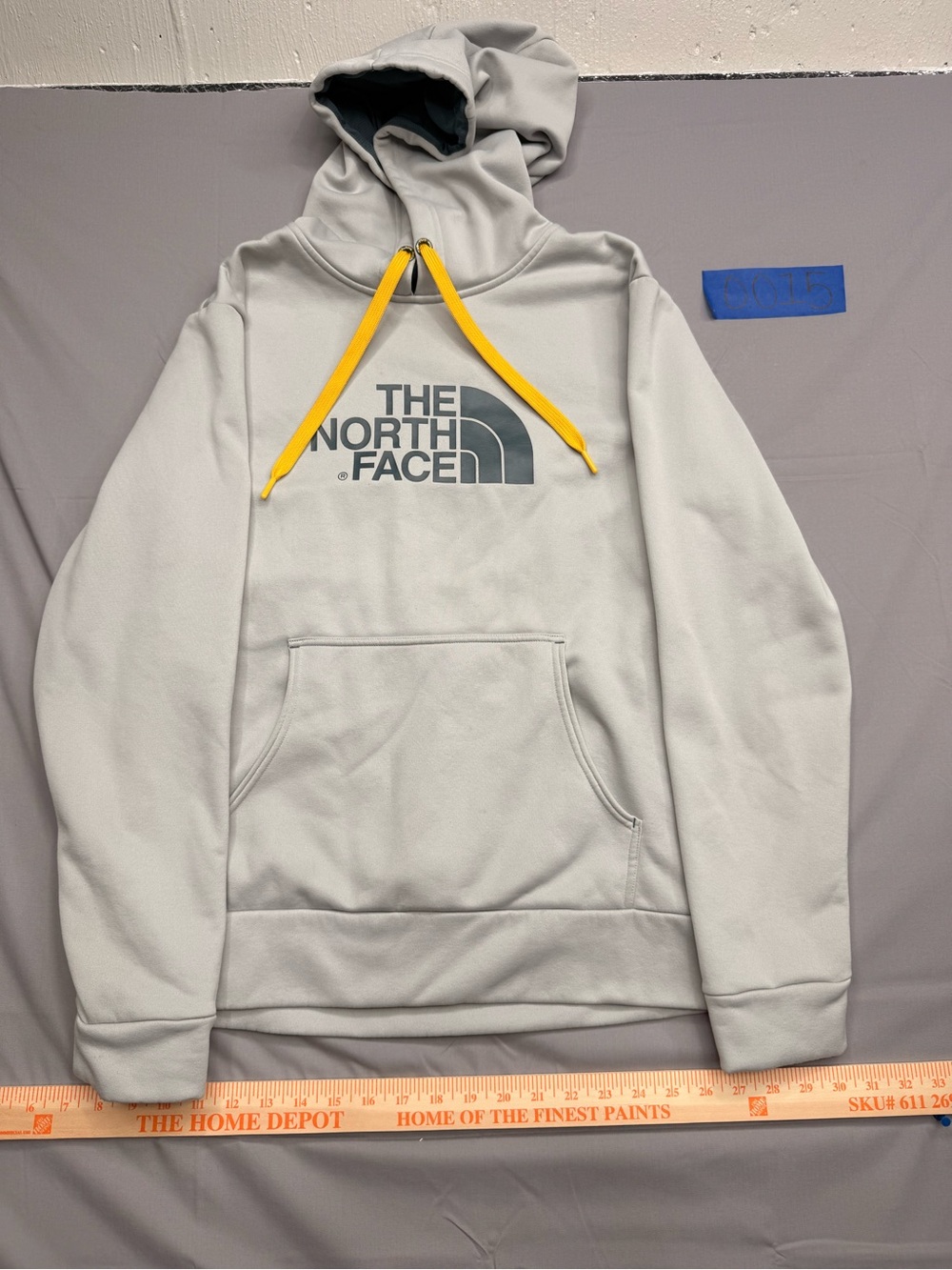 The North Face Men's Light Gray Crewneck Hoodie with Yellow Drawcords